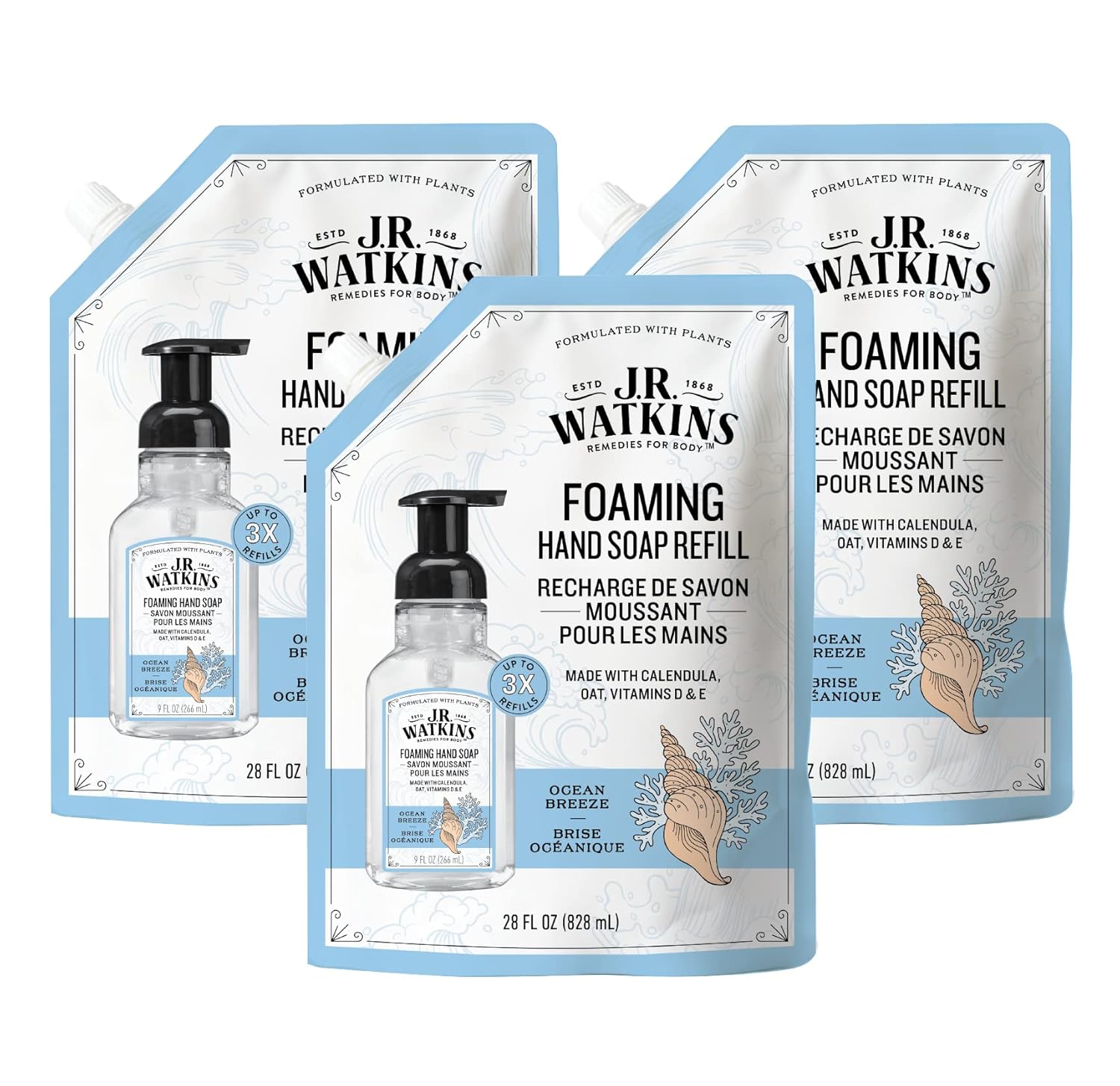 J.R. Watkins Foaming Hand Soap Refill, Moisturizing Foam Hand Wash, All Natural, Alcohol-Free, Cruelty-Free, USA Made, Ocean Breeze, 28 fl oz, 3 Pack