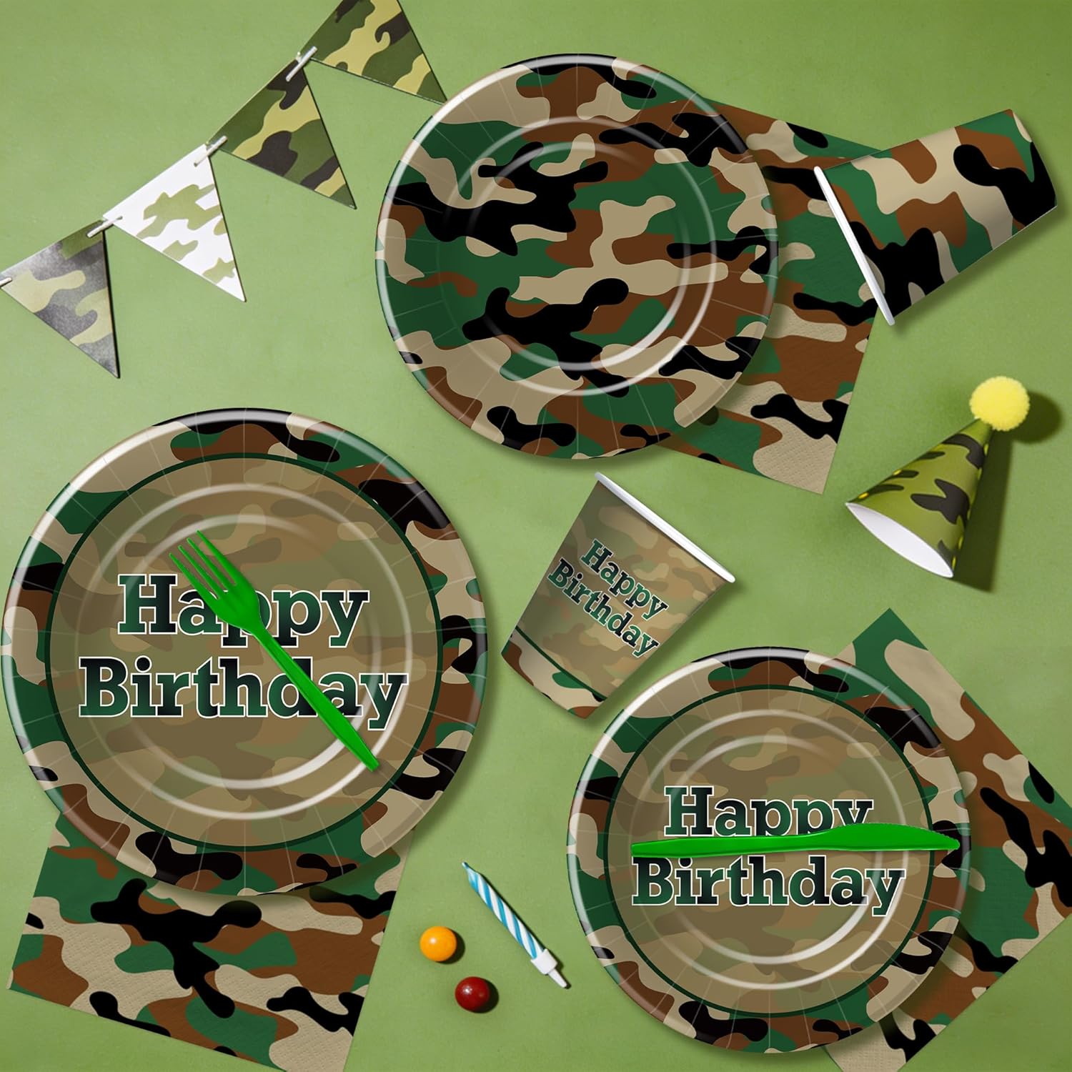 Srua Don Camouflage Army Birthday Party Decorations, Camo Hunting Army Military Party Decorations Supplies, Plate, Cup, Napkin, Banner, Netting Backdrop, Topper, Tablecloth, Balloon, Cutlery, Serve 24