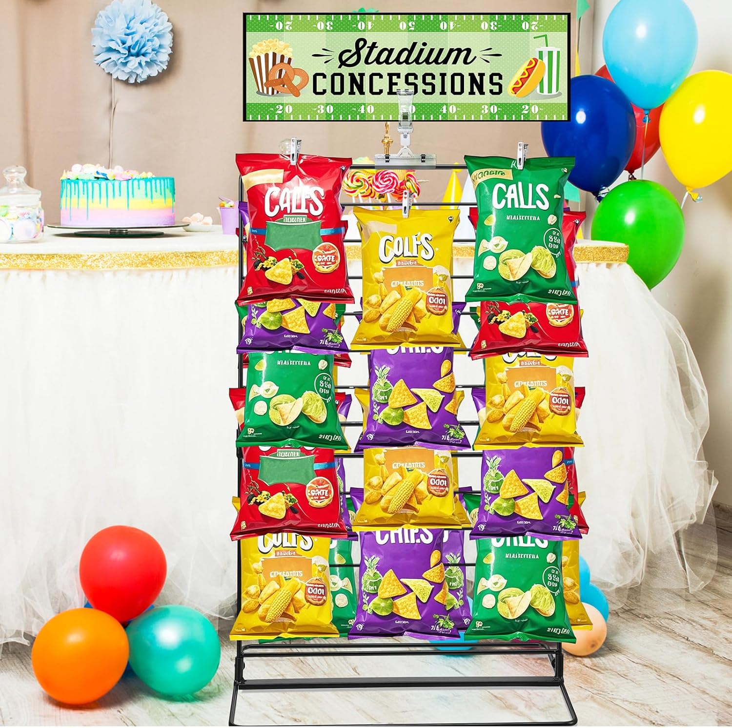 Geelin Football Party Potato Chip Rack Table Decor Concessions Sign and Display Stand with 60 Clips Countertop Snack Holder for Bags Metal Storage Candy Rack for Football Birthday Party