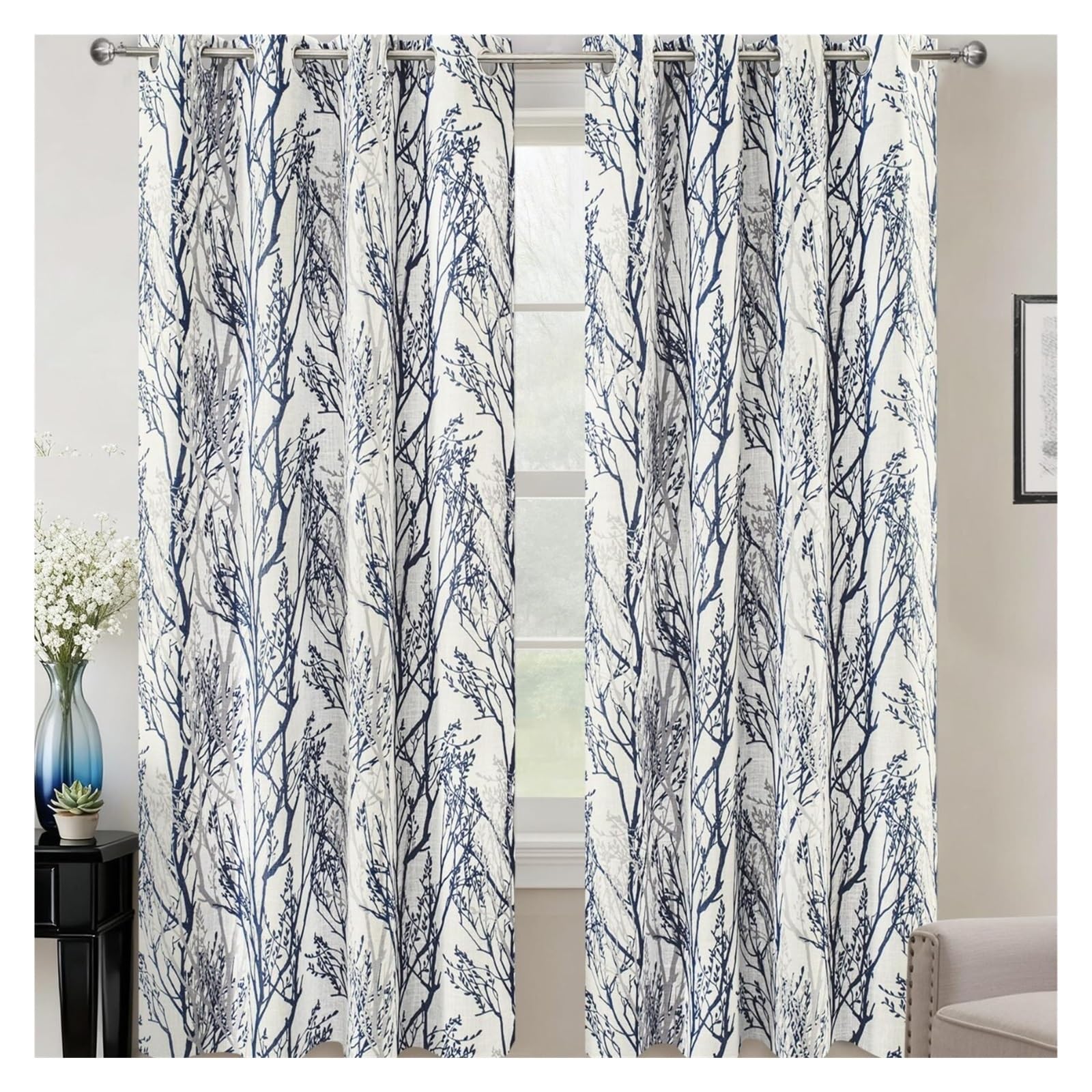 ESHDGFYB Outdoor Curtains, Grey Tree Branch Outdoor Curtains, Sun Blocking Grommet Outside Curtain Weighted Drapes for Gazebo Porch Pergola, 2 Panels(Blue,52in*96in)