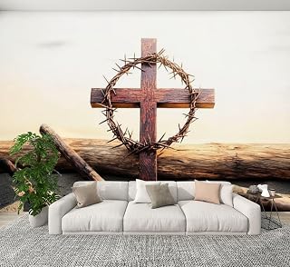 Modern Peel and Stick Wall Mural Wallpaper Christian Gifts Crucifixion Sunset Cross Crown Self Adhesive Removable Wall Stickers for Living Room Bedrooms Bathroom TV Background 100"x144"
