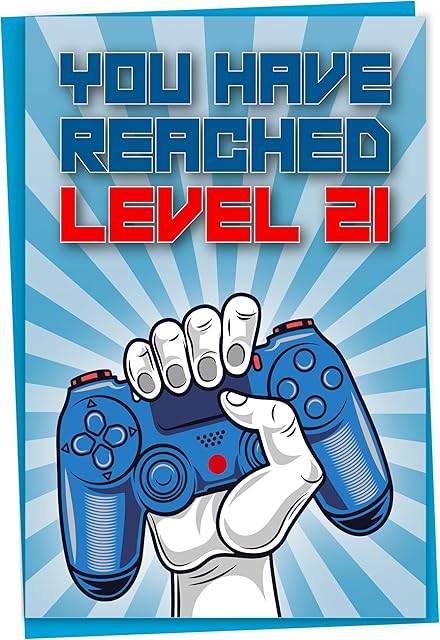 21st Birthday Card, You Have Reached Level 21, Greeting Card for Twenty-One Year Old Gamer Birthday Gift for Adult Son or Daughter, For Him Her Grandson Granddaughter, Blue