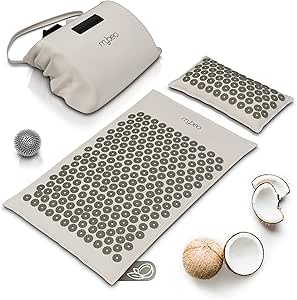 MyBeo Akupressurmatte mit Naturfasern, Akupressur Set mit Kissen + Massageball, Entspannung und Massage, Akupunkturmatte ideal bei Verspannungen von Rücken Nacken Füße, Beige