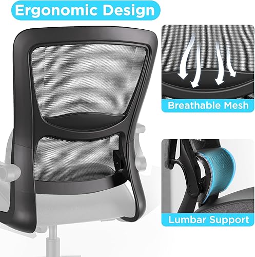 Miniatura 6 de Silla de oficina ergonómica de malla, silla de escritorio de computadora con respaldo alto con reposabrazos abatibles, soporte lumbar, cojín