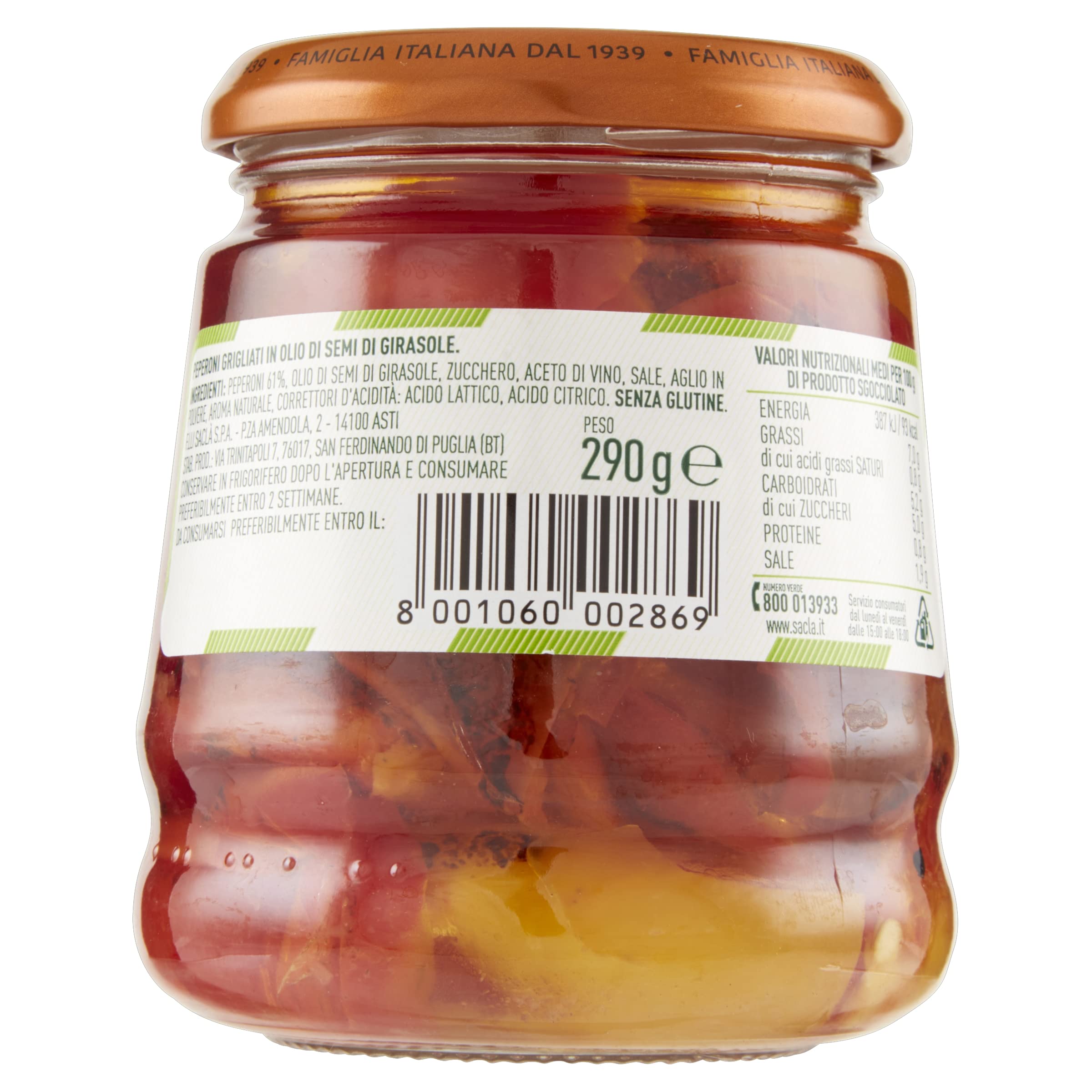 Saclà, Sottoli Grigliati, Peperoni Grigliati, Ideali per Antipasti, Contorni e per le Tue Preparazioni, Vaso Vetro, 290g, Confezione da 12 Pezzi
