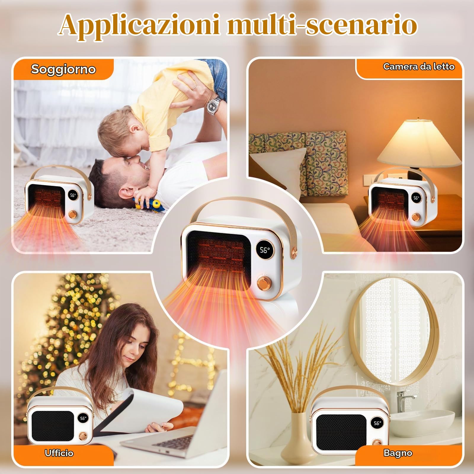 Riscaldatore d'Ambiente, Mini Stufetta Elettrica Ceramica 1200W, Design antiribaltamento, Stufetta Elettrica Basso Consumo Portatile per Soggiorno, Camera da Letto, Scrivania(Bianco)