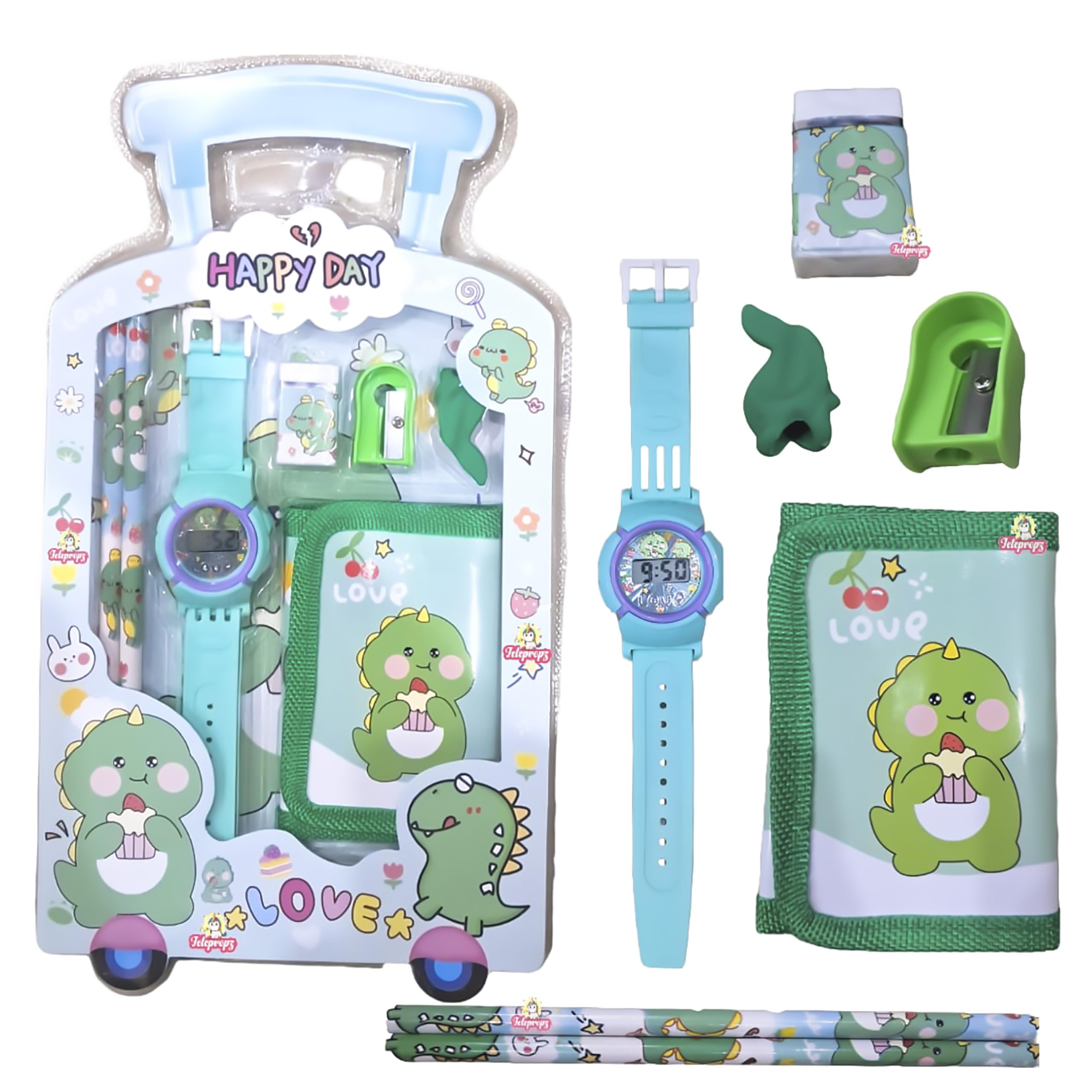 FETE PROPZ New Cartoon 7 In 1 Stationery Gift Set For Children | Stationery Supplies Bundle With Digital Watch, Sharpener, Eraser, 2 Pencils, Wallet Pouch Return Gift For Kids(Dino), Green (B0D12TFVFV) Amazon Price History, Amazon Price Tracker
