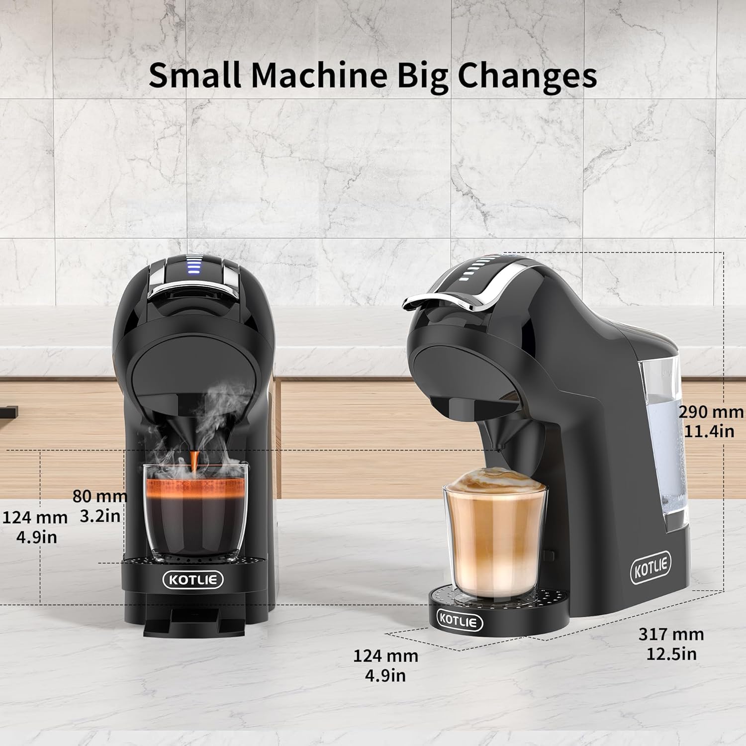 KOTLIE coffee maker shown with dimensions, emphasizing its compact size and ability to accommodate different cup heights.