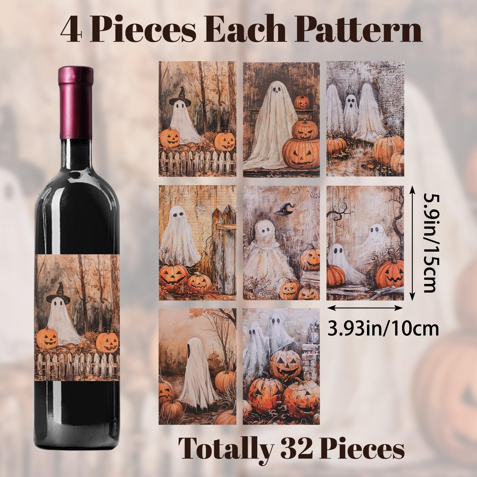 URROMA 32 Pcs Halloween Wine/Beer Bottle Labels Vintage Bottle Label Stickers with Pumpkin Ghost Spider Patterns for Halloween,8 Styles
