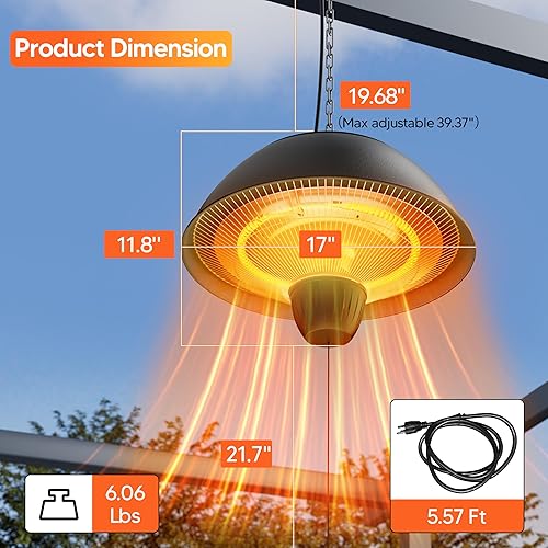 Miniatura 3 de Calentador eléctrico para exteriores, calentador de patio infrarrojo colgante de 1500 W para uso al aire libre, calentador eléctrico impermeable