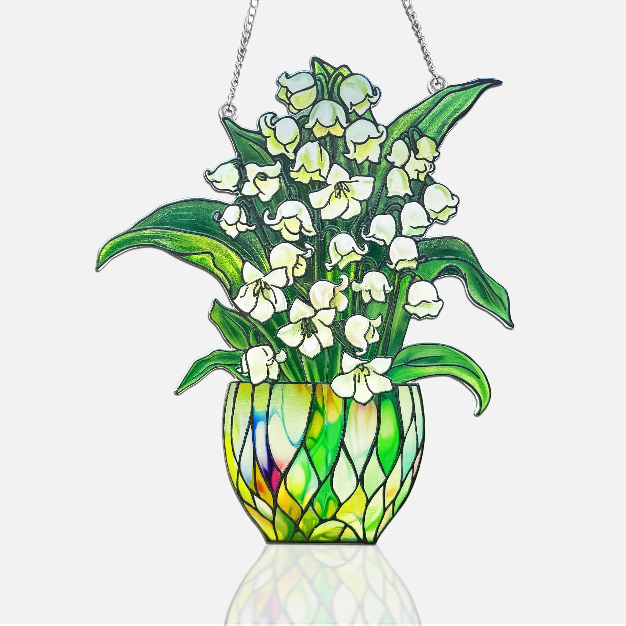 White Flower Suncatcher Stained Glass, Green Plant Suncatcher Lily of The Valley, Hanging Suncatchers for Windows Decor-image-24