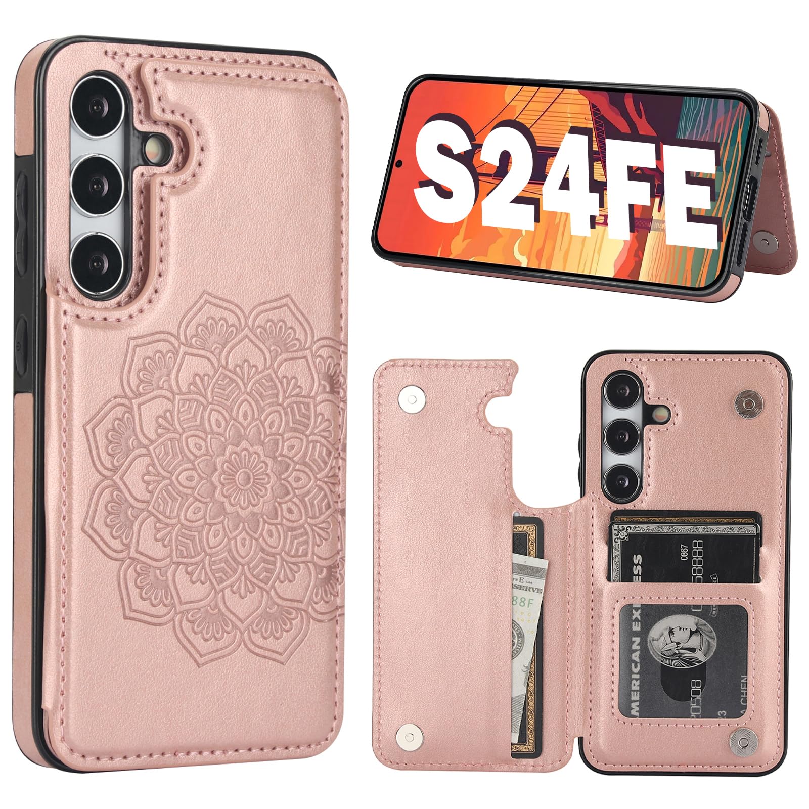 PASNEW for Galaxy S24 FE Wallet Case,Flower Leather Card Holder Magnetic Back Flip Protective Cases for Samsung S24FE,6.7 inch,Rose Gold