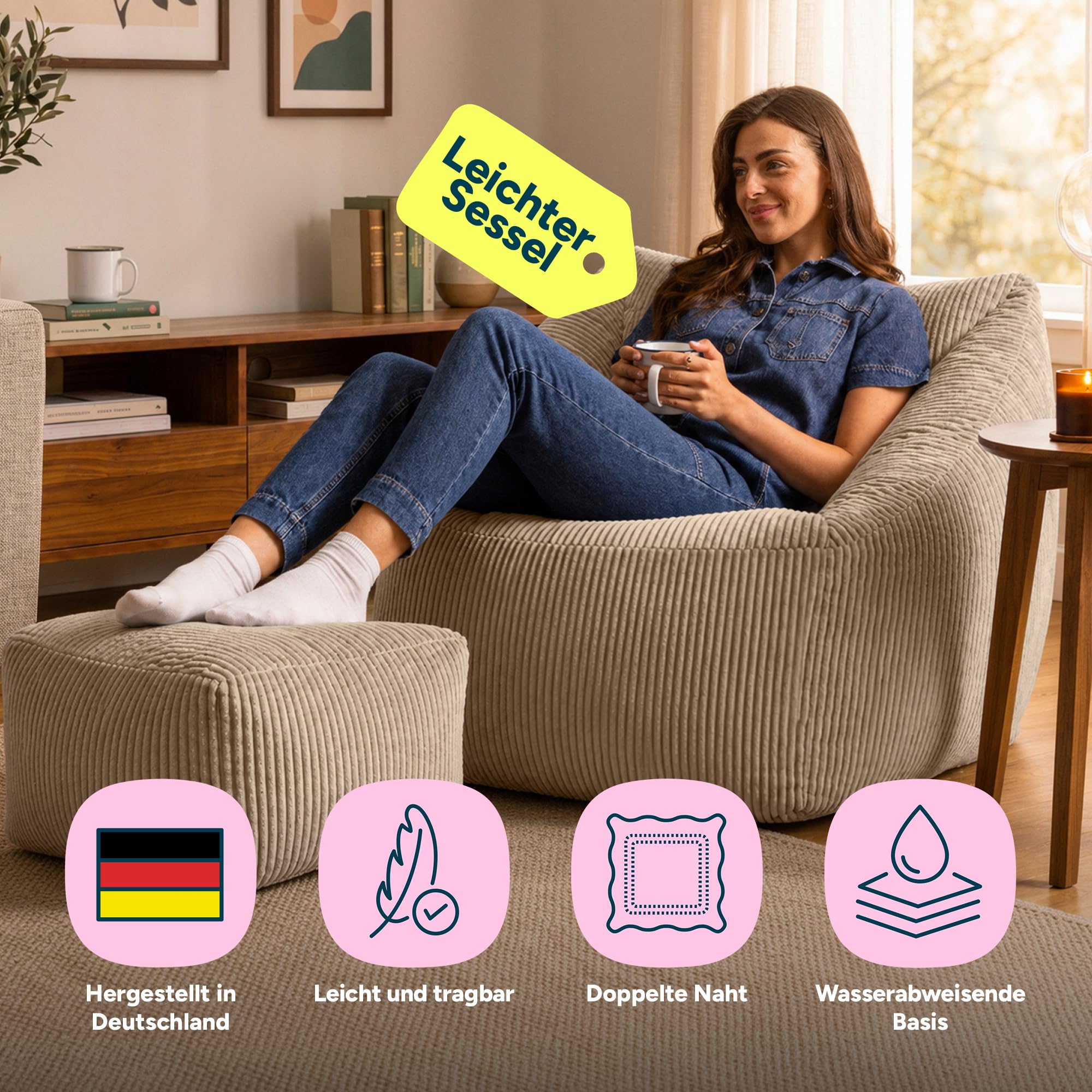Icon Natalia Sitzsack Sessel mit Hocker für Erwachsene, Beige, Flauschiger Cord Stoff, Riesen Sitzsack Cord mit Füllung, Bean Bag Chair, Bequemer Sessel Wohnzimmer, Lounge, Schlafzimmer, Büro