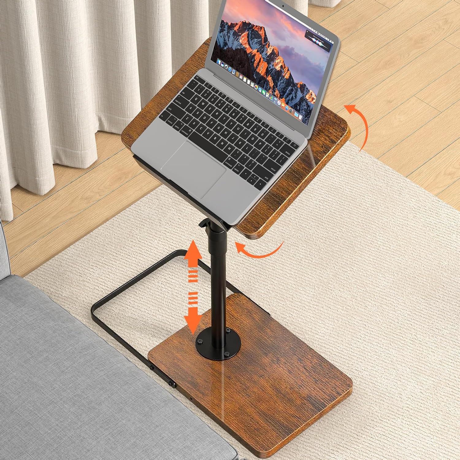 TV Tray Table for Couch, Height Adjustable/360° Swivel/180° Flip-Over Panel Design C-Shaped End Table, Sofa Arm End Side Table with Phone & Tablet Slot for Eating, Laptop,Couch Bed (Vintage Brown) Angle Tilt 1 Pack Brown