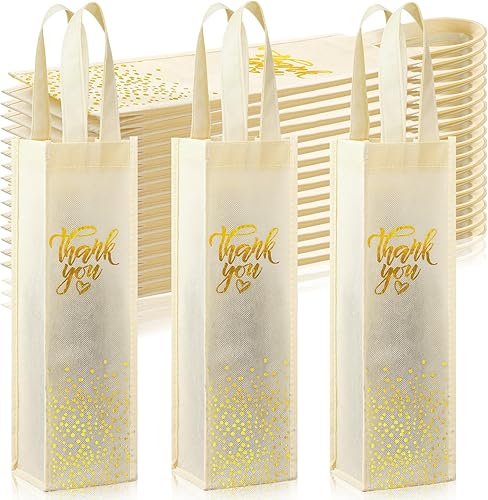 Windyun 24 bolsas de regalo de vino a granel, bolsas de regalo de vino no tejidas con etiquetas impresas de agradecimiento y cuerda, bolsa