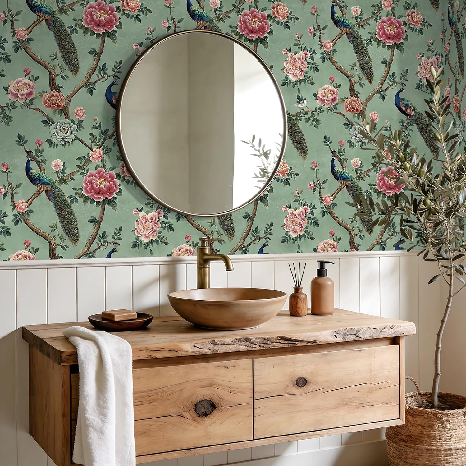 VEELIKE Sage Green Chinoiserie Peel and Stick Wallpaper Vintage Peacock Peony Floral Wallpaper for Bathroom Bedroom 17.7''x354'' Self Adhesive Contact Paper Green Bird Wall Paper Removable Wall Decor