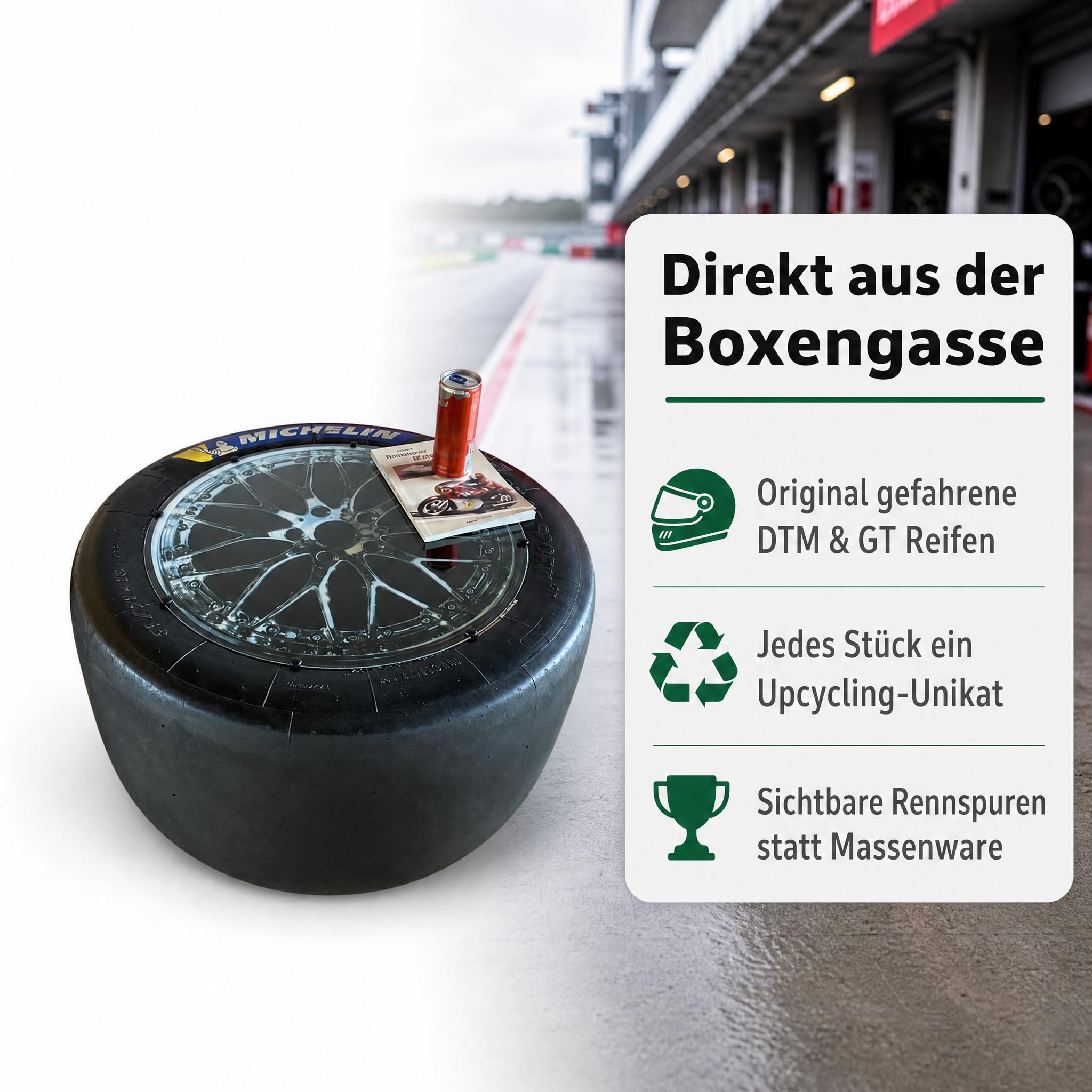 [ORIGINAL Reifen] Reifen Tisch mit PC Platte | Orginalreifen aus DTM, GT Masters & LMP Serie Rennreifen Tisch mit echten Gebrauchspuren | Motorsport Geschenk für Männer & Frauen | Originaler Rennslick als Upcycling-Unikat mit PC-Tischplatte – das ausgefal