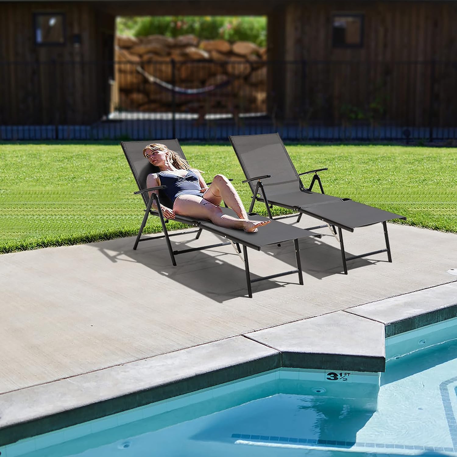 NUU GARDEN Outdoor Patio Lounge Chair, Patio Chaise Lounge Fully Assembled Chaise Lounge with Iron Frame and Textilene Fabric Lounge Chairs for Patio, Beach, Yard, Pool,Grey
