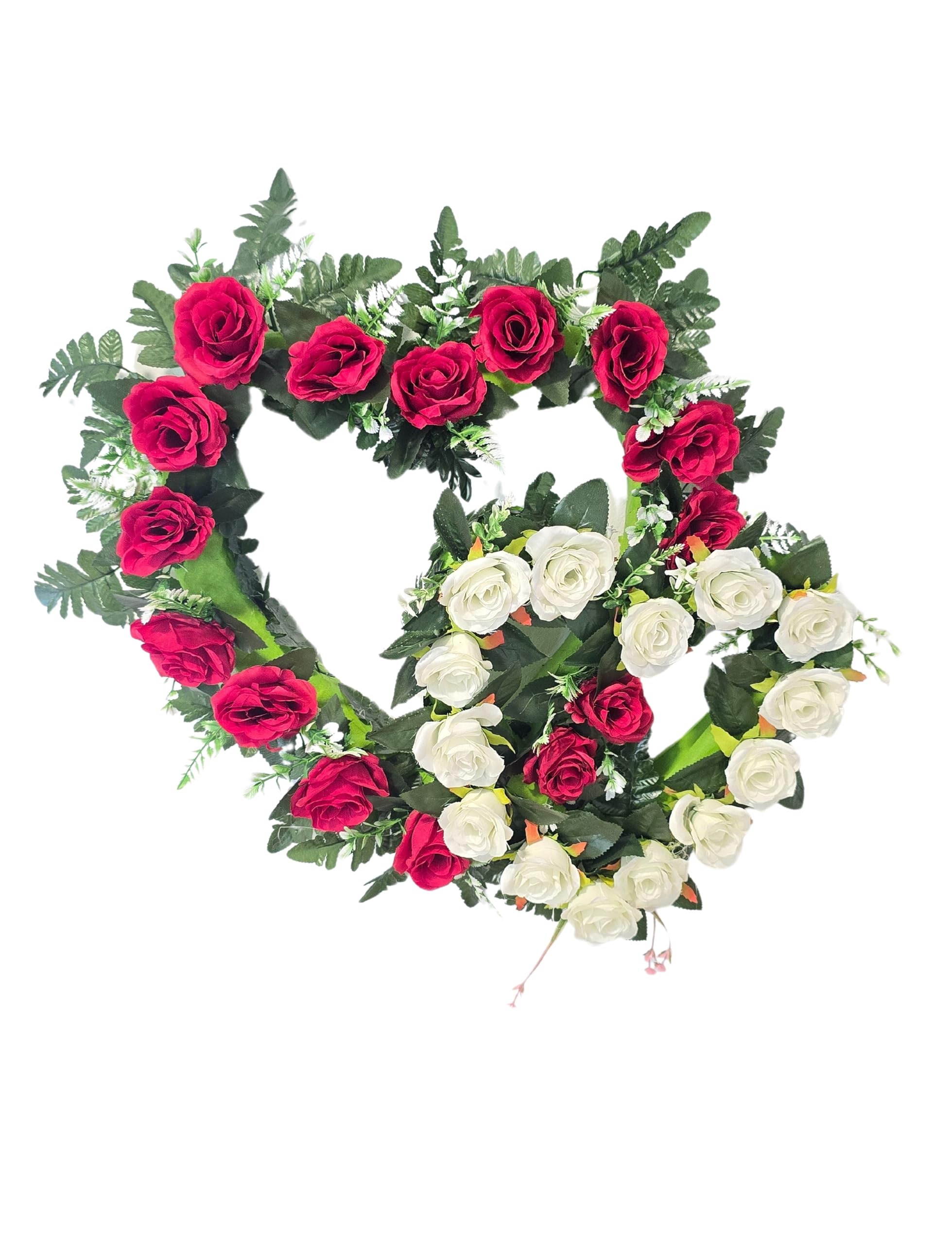 Corazon Doble de Rosas Blancas y Rojas Centro de Flores Artificiales Cementerio, Iglesia Bodas sepulturas 60x50x12