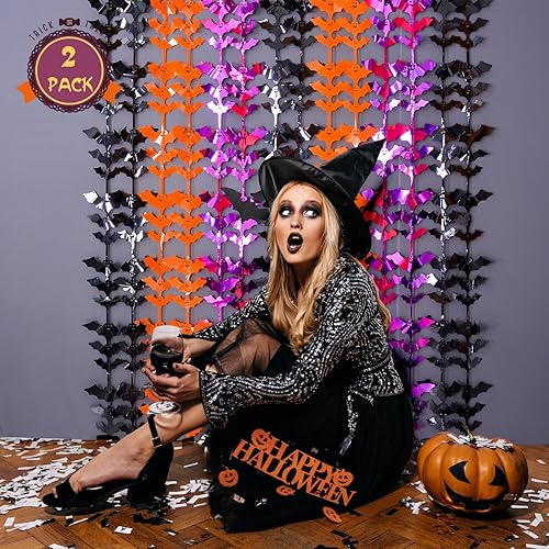Miniatura 2 de LOLStar Accesorios para cabina de fotos de murciélagos de Halloween, naranja, morado, negro, paquete de 2 cortinas de flecos metálicos de 3.3 x 6.6