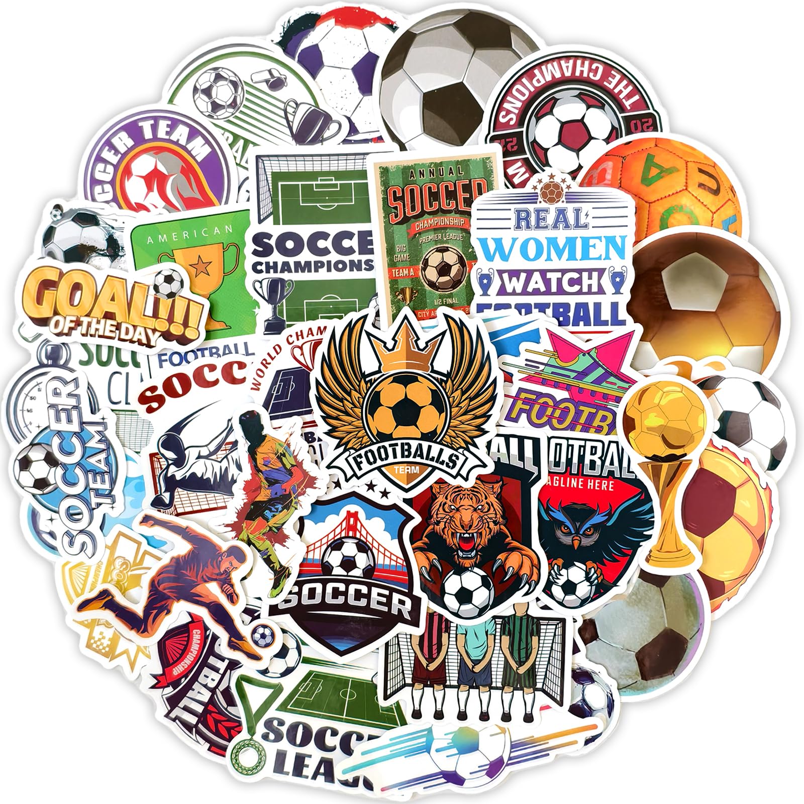 Ychsring Soccer Stickers - 50 Pcs Waterproof Vinyl World Cup Football Stickers for Water Bottle, Laptop, Phone Case, Cup, Guitar - Soccer Ball Sports