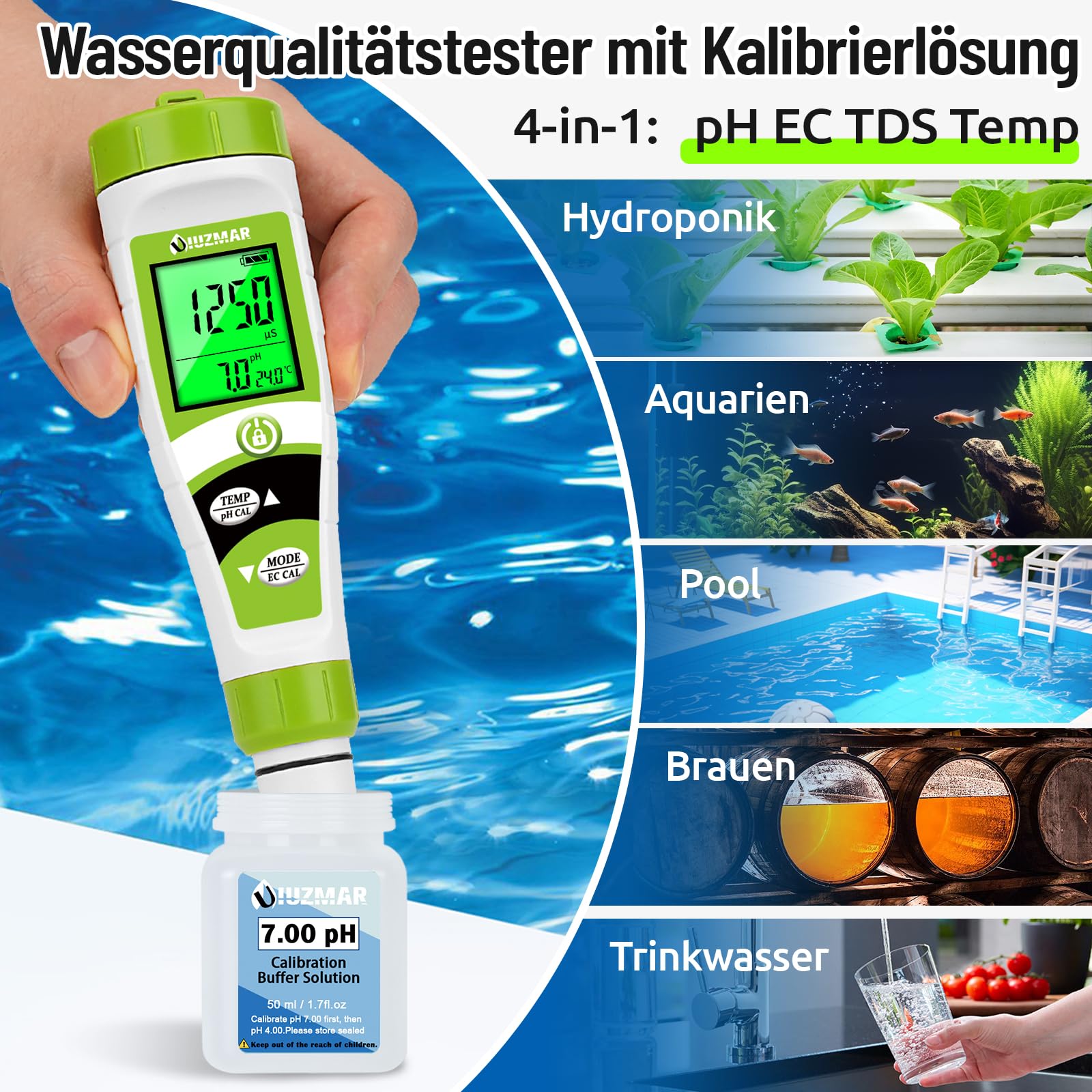 UIUZMAR Miernik pH PPM Basen, EC TDS hydroponiczny miernik pH | Cyfrowy, z roztworem kalibracyjnym pH 7.0, do basenu, spa, hydroponiki, wody pitnej, akwariów