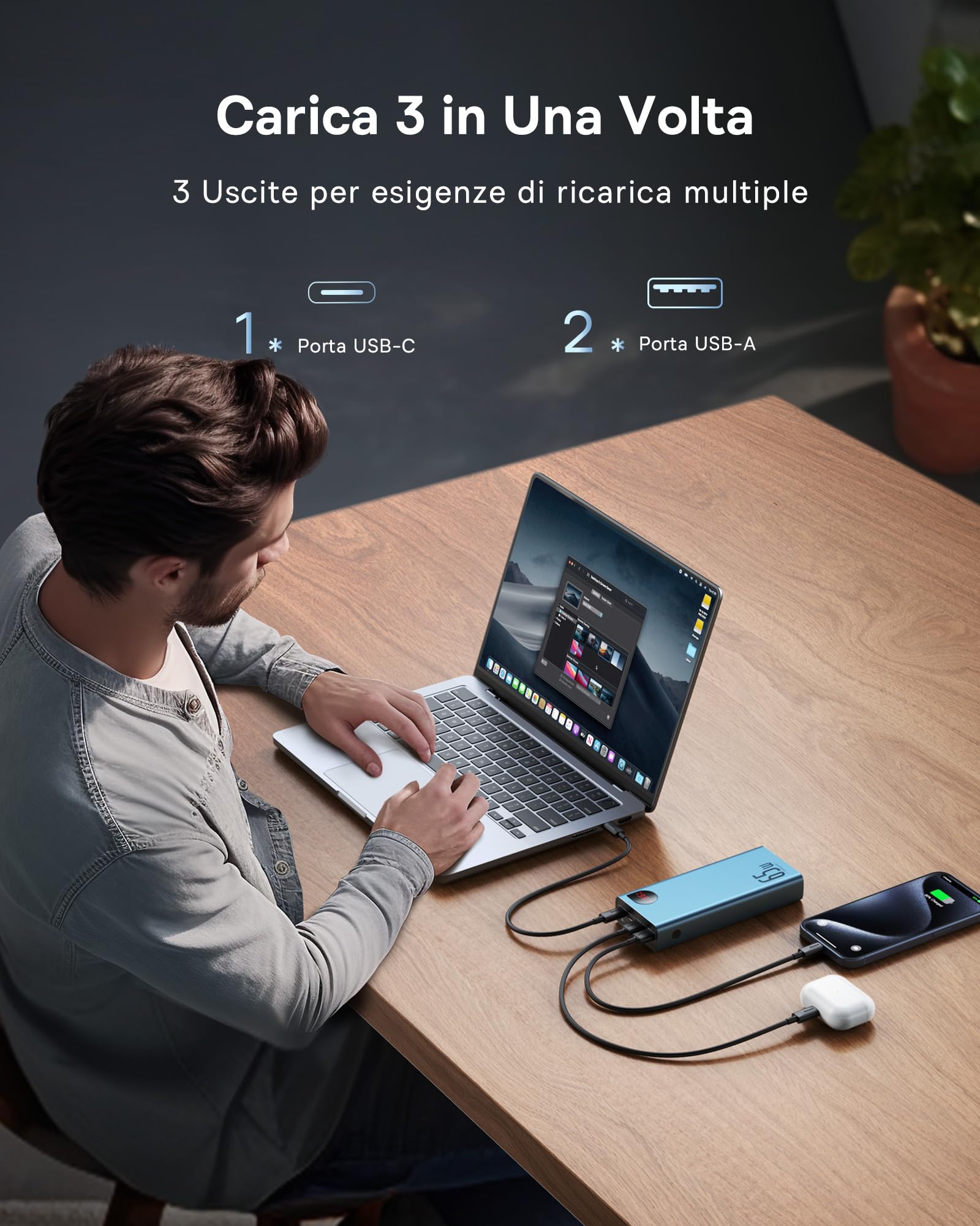 Baseus Power Bank, 65W 20000mAh USB C Caricabatterie Portatile, PD3.0 QC4.0 Battery Batteria Ricarica Rapida con Display a LED per iPhone 12 11 XS Samsung S20 MacBook IPAD PRO Nintendo Switch