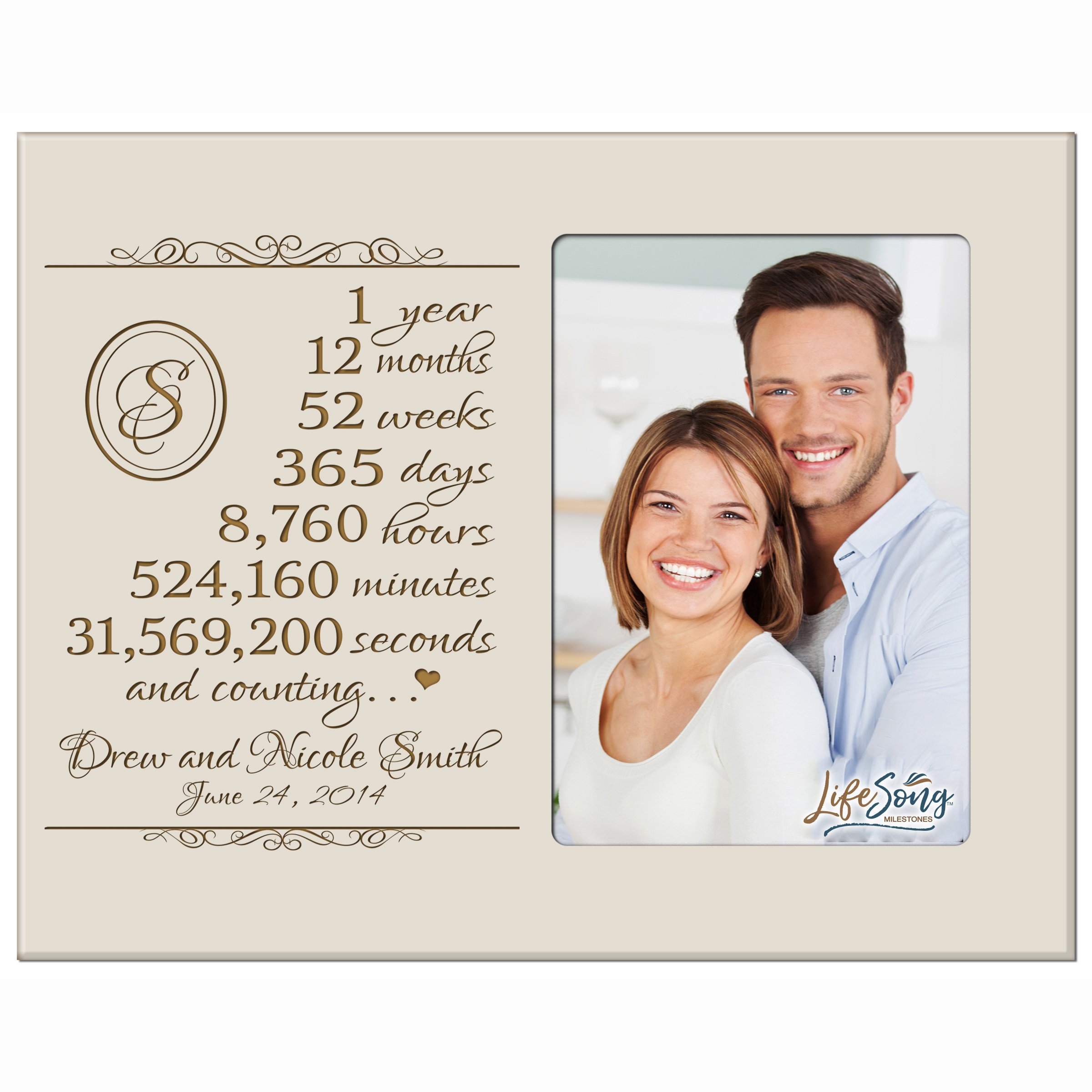 LifeSong Milestones Personalized one Year for her him Couple Custom Engraved Wedding Gift for Husband Wife Girlfriend Boyfriend Photo Frame Holds 4x6 Photo (Ivory)