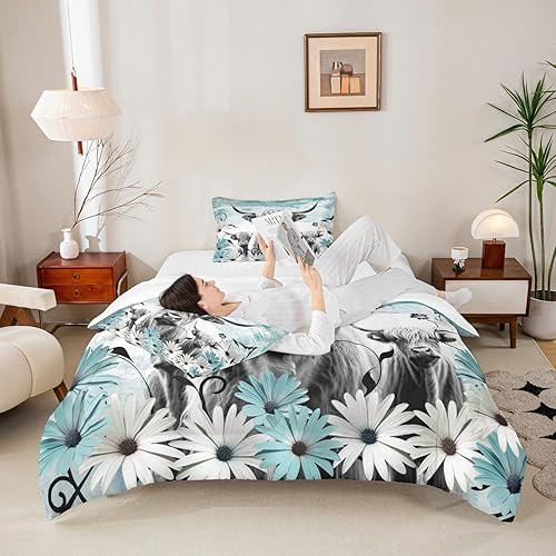 Miniatura 3 de Erosebridal Juego de edredón con estampado de vaca de las Highland, juego de ropa de cama de granja occidental verde azulado, decoración rústica