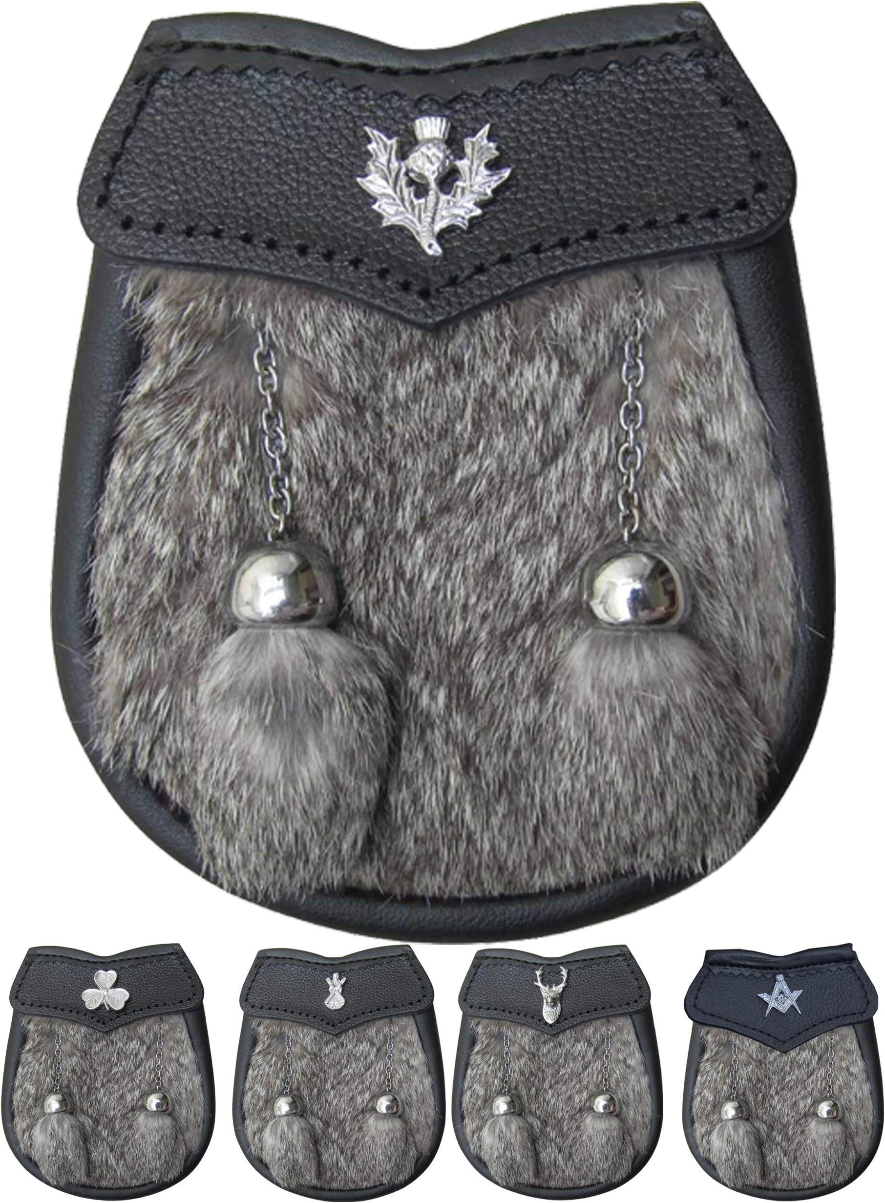 AARNew Baby Fur Sporran Scottish Free Chain Leather Kilt Multi Design Brown Fur 2 Tassels