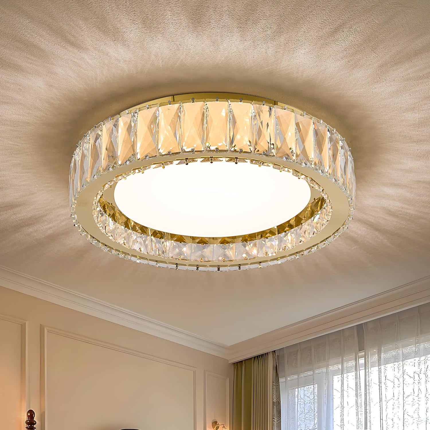 Modern K9 Crystal Dimmable LED Flush Mount Ceiling Light,15 Inch 36W/5CCT 3000K-6000K,Luxury Gold Round Large Close to Ceiling Lighting Fixtures for Living Room,Kitchen,Bedroom,Dining Room Gold 15 Inch