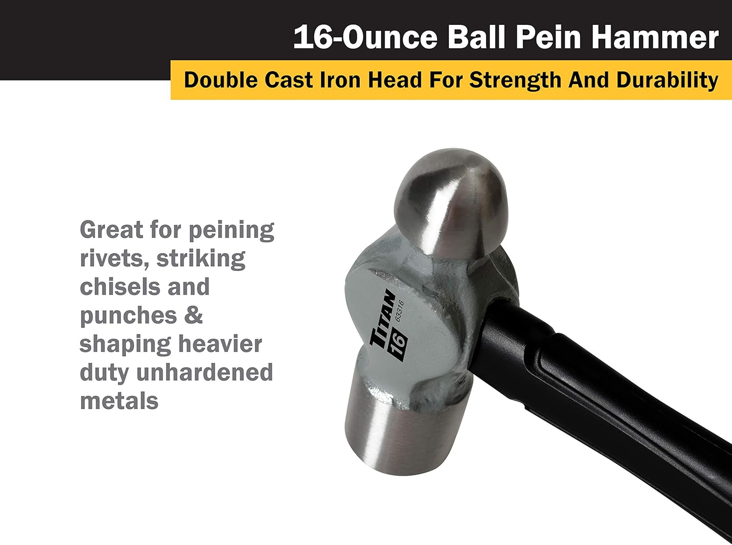 Titan 63302 2-Piece Ball Pein Hammer Set, Includes 8oz & 16oz Ball Peen, Forged Steel Heads, Shock Absorbing Fiberglass Handles & Textured Grips