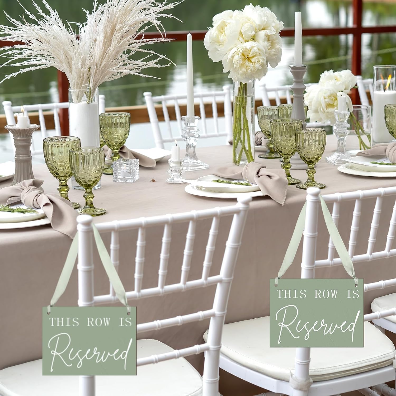 Yousoontic 12 Pack Wooden Reserved Row Sign for Wedding Chairs This Row Is Reserved Hanging Signs with Ribbon for Wedding Reception Party Restaurant Church Events Pews, 5 x 7'' (Sage Green,Elegant)
