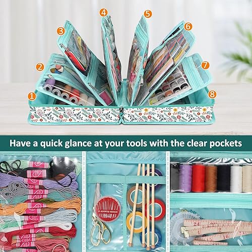 Miniatura 2 de FINPAC Bolsa de almacenamiento de suministros de costura y manualidades, bolsa organizadora de viaje de gran capacidad con bolsillos transparentes y
