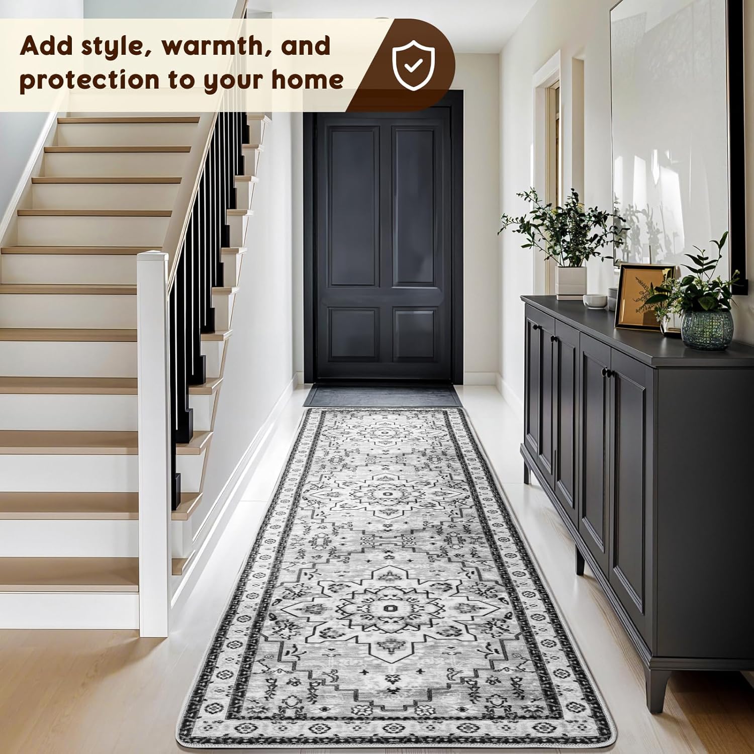 LBRO2M Boho Hallway Rug 2'X10’ Washable Runner Rugs Non Slip Low Piles Rugs Vintage, Soft, Gray Area Rug Runners for Hallways, Bedroom, Kitchen Laundry Room Pattern Print (2'X10', Gray)