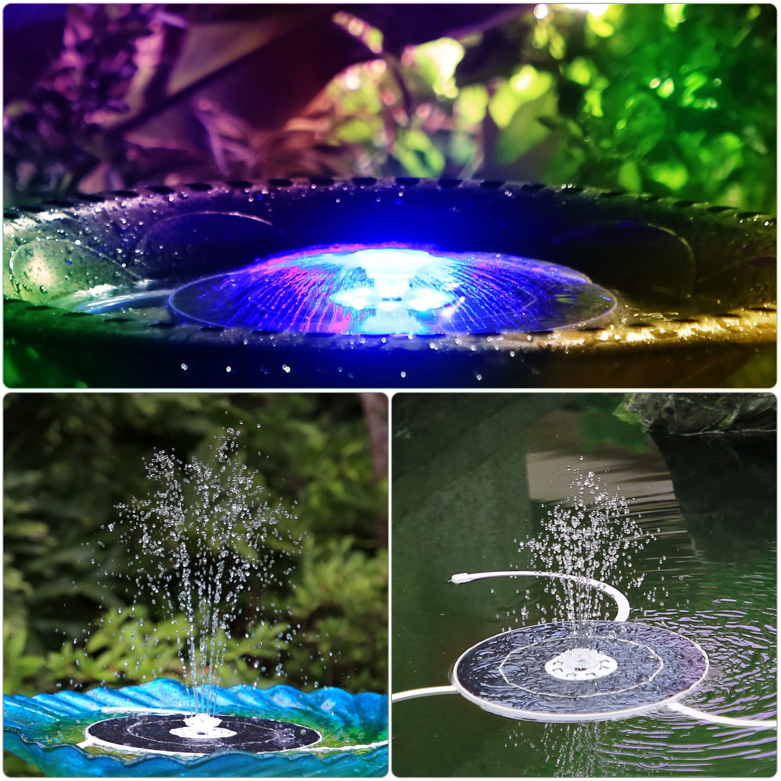 AISITIN Fontana Solare LED 6,5W per Laghetto con Supporto Regolabile, Pompa per Giardino a Luci Multicolori e Ugelli Intercambiabili, Fontana Energeticamente Efficiente per Vasca Uccelli e Giardino