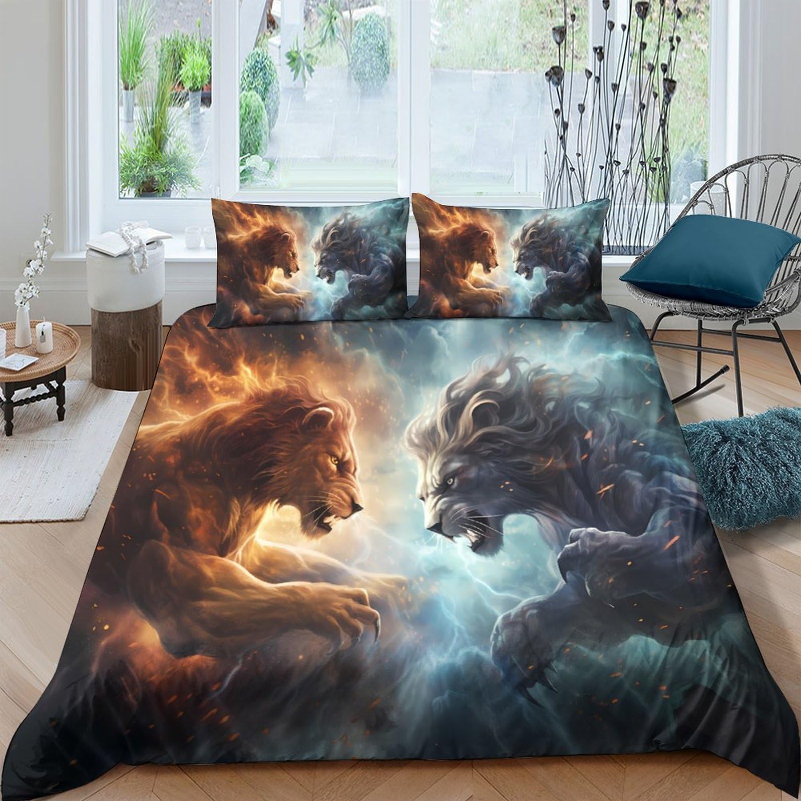 3D Printed Fire Lion Duvet Cover Microfiber Soft Breathable Water Lion Bedding Set with 2 Pillowcases for Bedroom Decor Single（135x200cm）