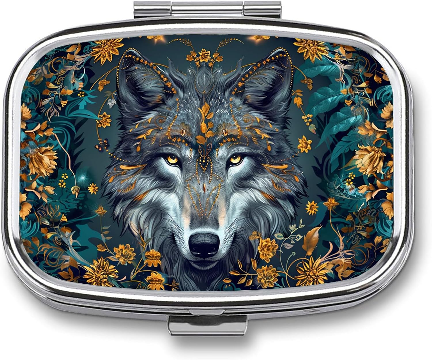 Metal 2 Compartment Pill Organizer Travel Friendly Portable Compact Pill Box,Cute Pill Case to Hold Vitamins,Fish Oil,Supplements,Meds,Tablet for Purse,Pocket (Wolf)