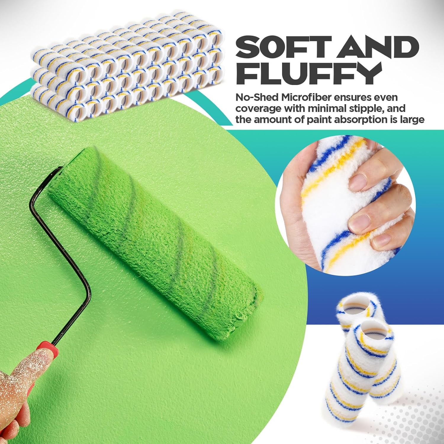 Leumoi 80 Pieces 9 Inch Paint Roller Covers 1/2 x 9 Inch Microfiber Paint Brush Roller Kit Naps House Painting Supplies for Wall House Home Repair Tools(Yellow Blue Stripe)