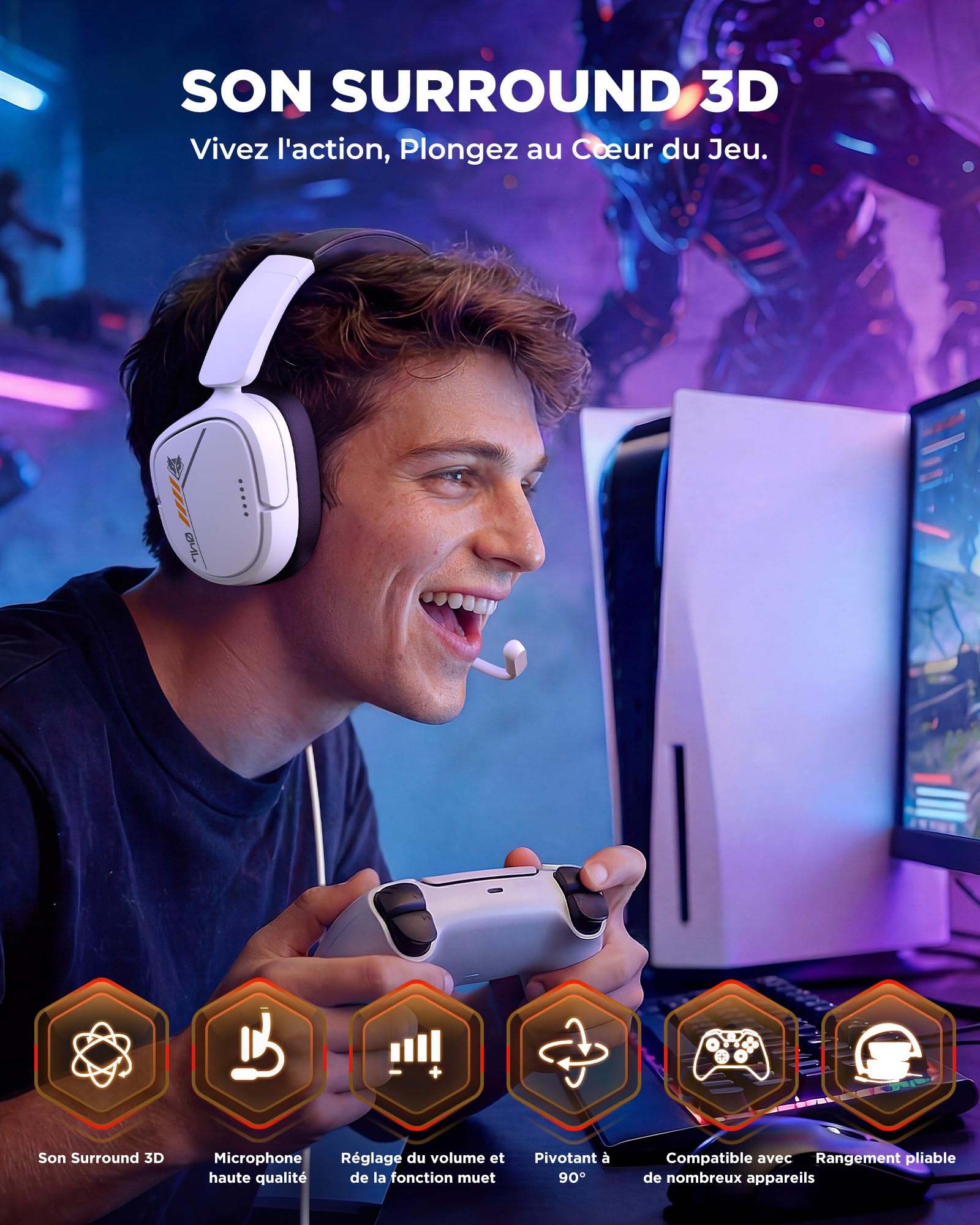 NUBWO Casque de Jeu PS5 pour PS4, PS5, PC, Nintendo Switch, Xbox, avec Microphone, Casque de Jeu avec Microphone, Casque antibruit avec Jack 3,5 mm