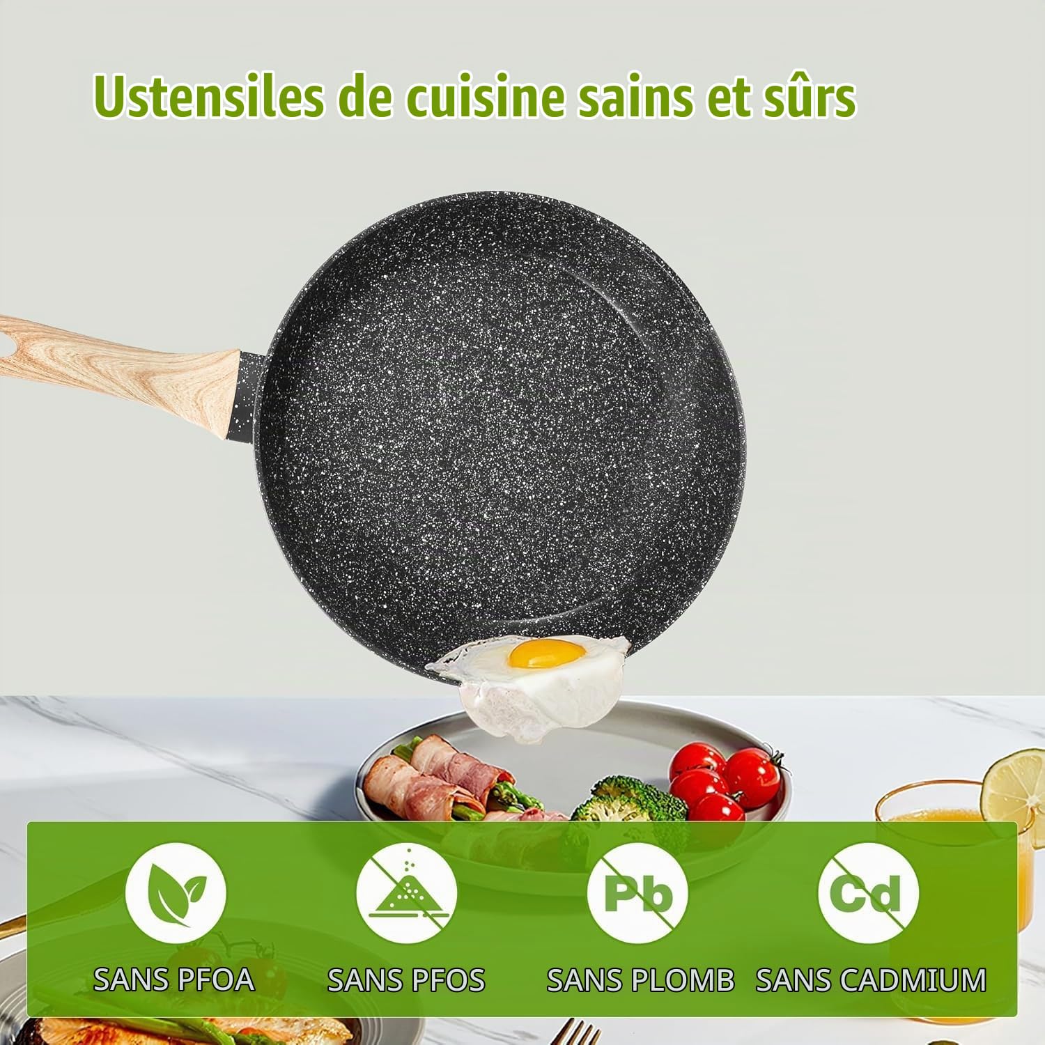 Batterie de Cuisine à Induction, 19 Pièces Casseroles et Poêles Antiadhésive en Granit Noir, Poêles 24/28cm, Casseroles 18/20cm, Poêle Griller 28cm, Tous Feux dont Induction, sans PFOA, PTFE