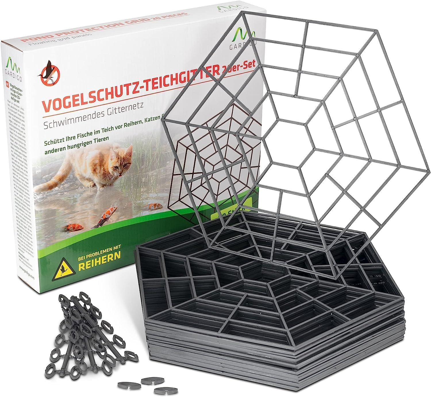 GARDIGO® Set de 20 Rejillas para Estanques | Ahuyentador de Garzas | Protección de Estanques contra Aves Pájaros Garzas Gatos | Rejilla Protectora para Gatos | Malla Protectora para Estanque Flotante
