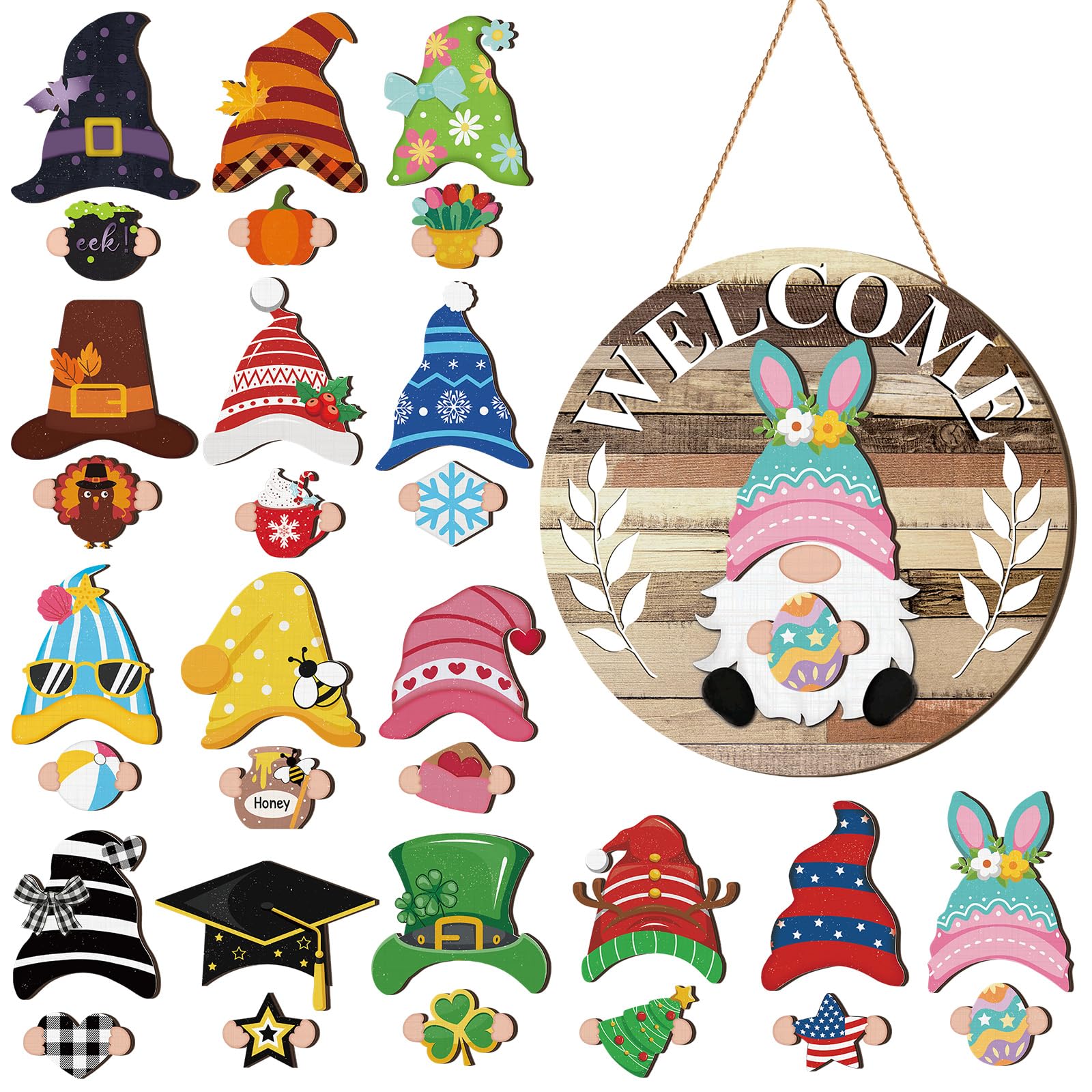 Qunclay Interchangeable Wooden Gnome Decor Holiday Seasonal Gnome Decorations with Magnet Pieces and Detachable Hats Changeable Welcome Sign