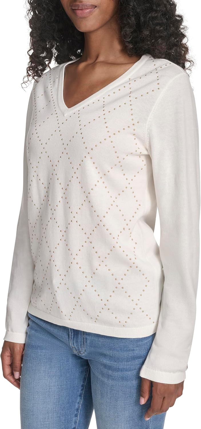 Tommy Hilfiger Womens Long Sleeve V-Neck Hotfix Cotton Sweater - Image 3