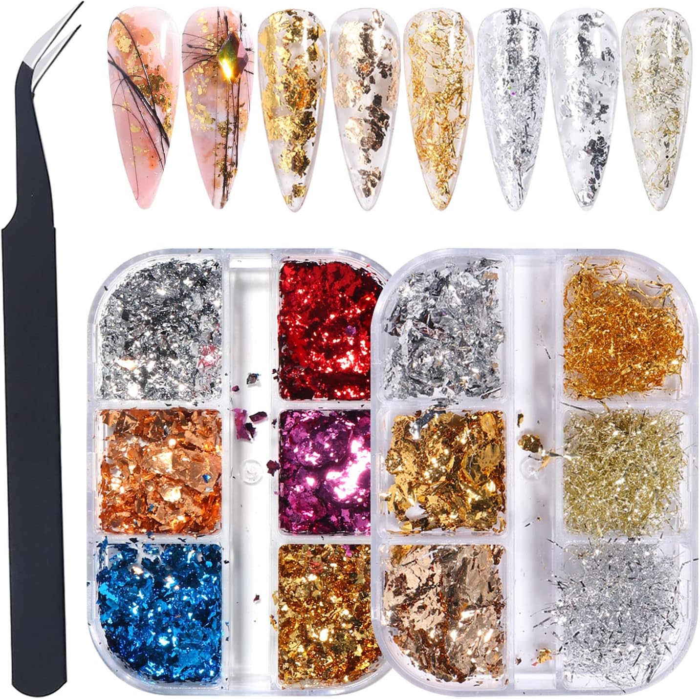 GZMAYUEN glitter pailletten voor nagels 2 doos nail art metaalfolie mix glitterbels bladgoud vlokken vergulden vlokken zilverfolie papier voor gelnagels kleur goudfolie voor DIY nail art decoraties