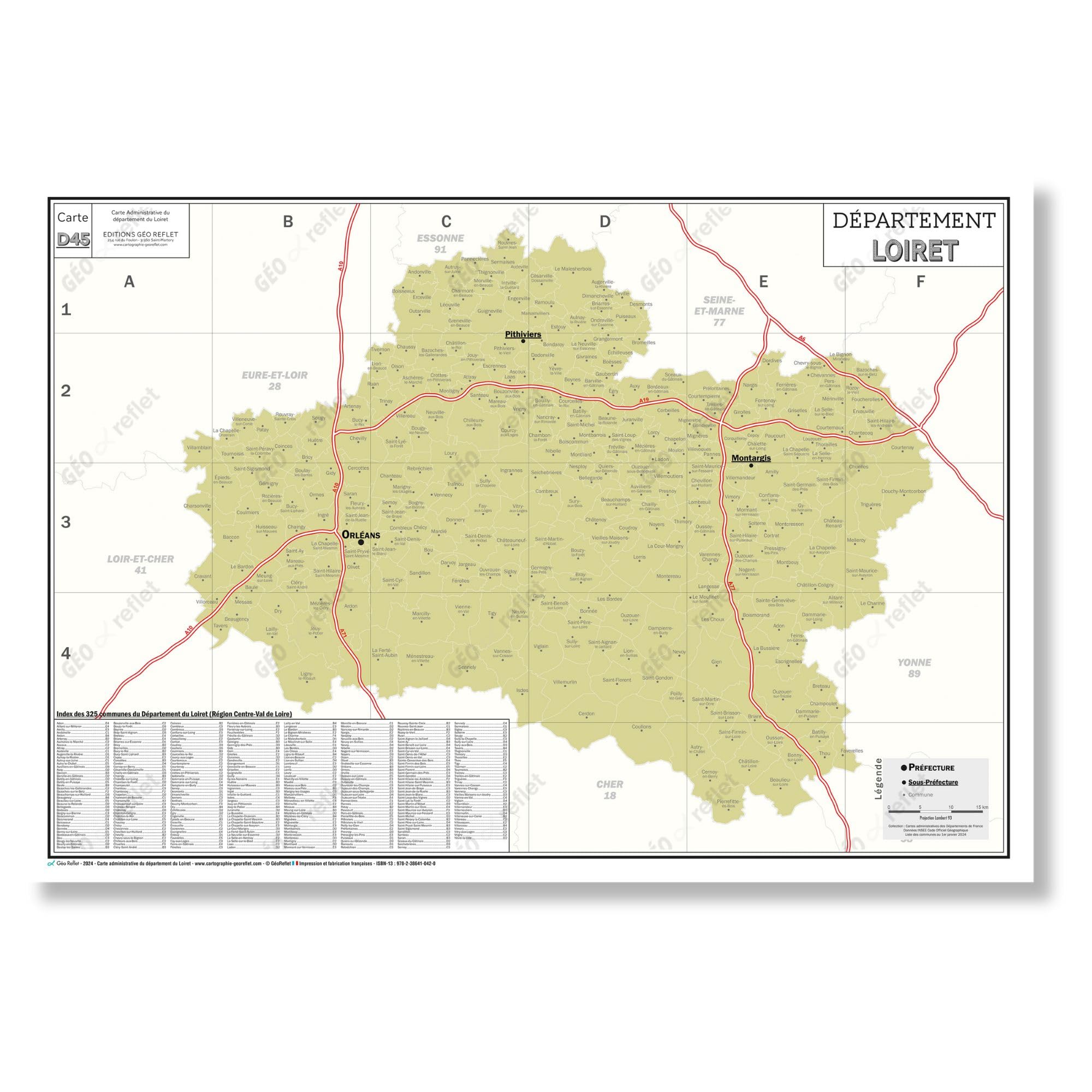 Carte administrative du département du Loiret - 70x100 cm