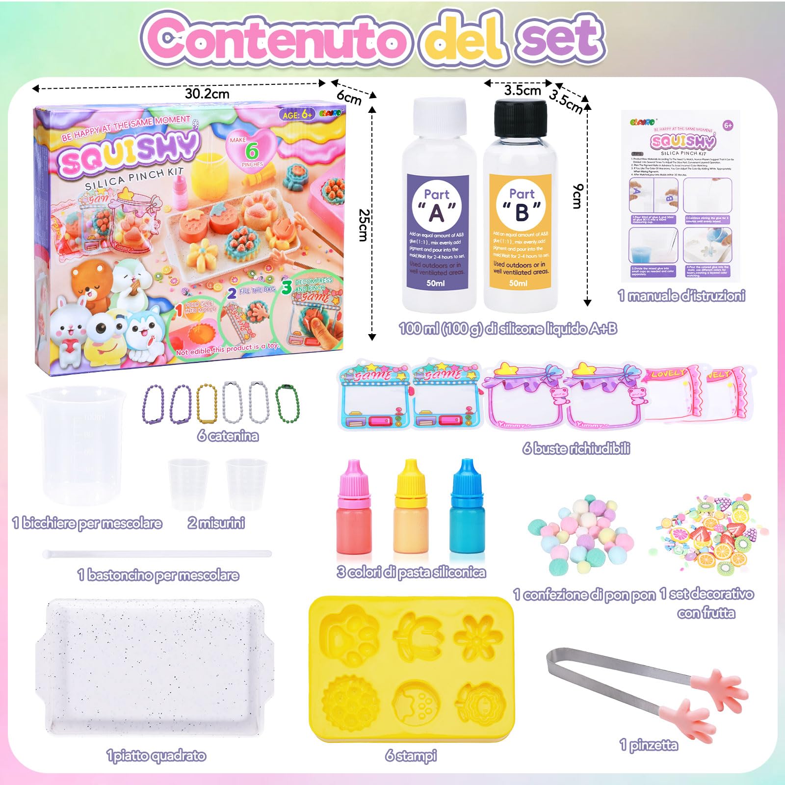 VBACALA 24 Pezzi Taba Squishy Kit Fai da Te,150g AB Silicone 1:1 Miscela Creare Taba Squishy Zampa, Fiori, Erba, Fragole, Pasticcini Squishy Antistress,Regalo Antistress Fai da Te per Bambini Adulti