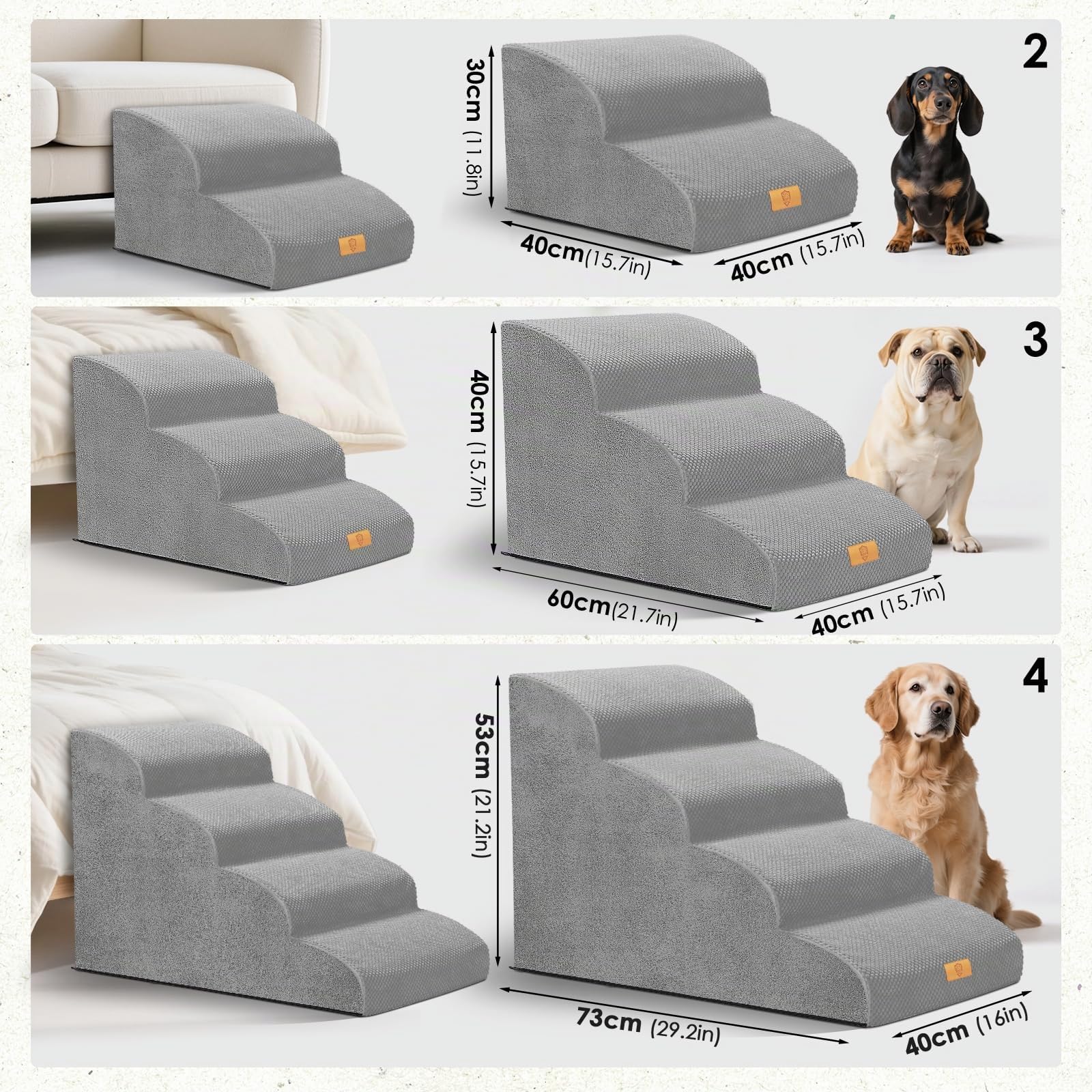 Escalier pour Chien à 2 Marches, Escalier en Mousse pour Chien Haute Densité avec Housse en Tissu Amovible et Lavable, Antidérapante Rampe Animaux pour Chiots et Animaux Agés, Gris