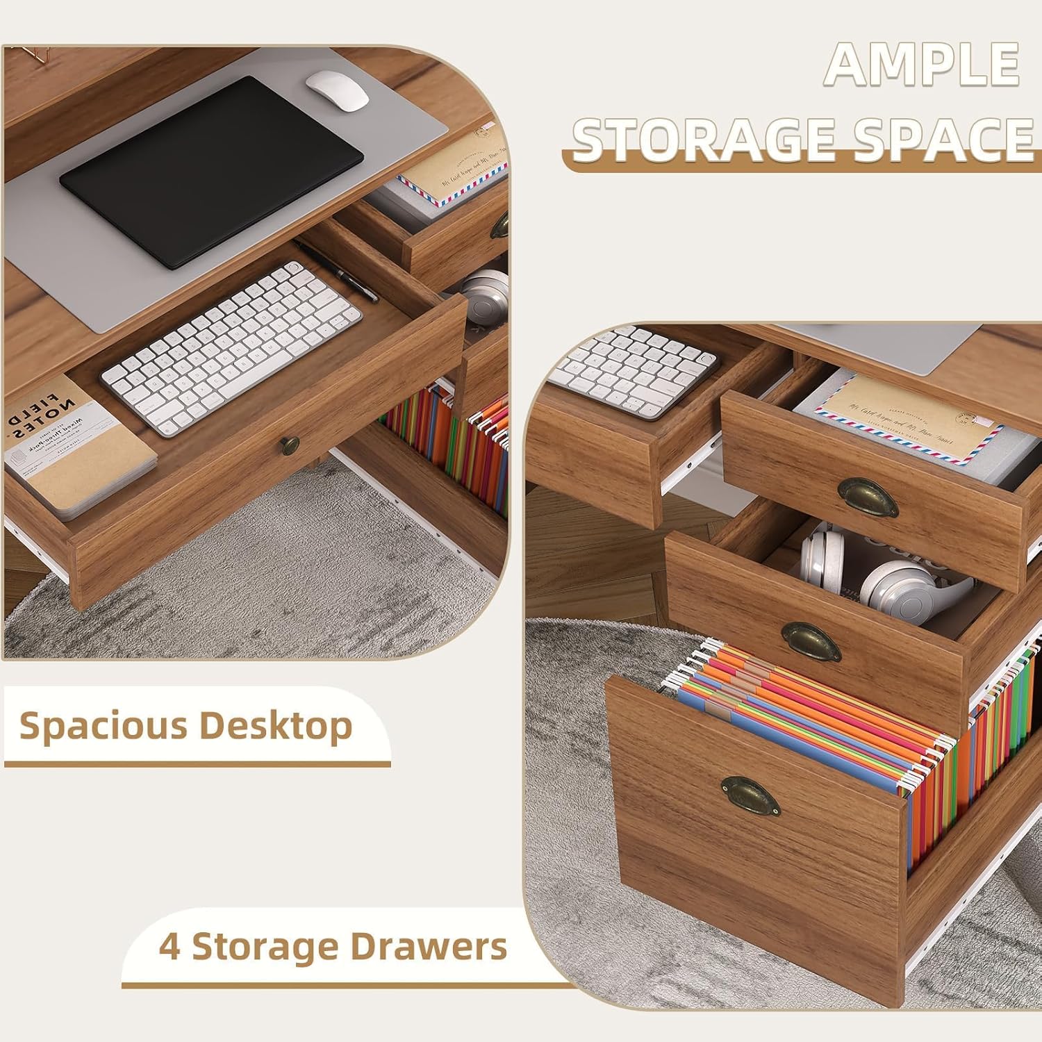 4 EVER WINNER Wooden Desk with Drawers, Small Desk with Monitor Stand and File Drawe, Writing Desk with Drawers for Bedroom Small Spaces, Walnut