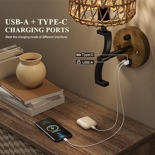 Miniatura 4 de N11-1 Lámpara de pared de ratán bohemio con enchufe regulable con control táctil, lámpara de pared de ratán rústico con puertos de carga USB-A y